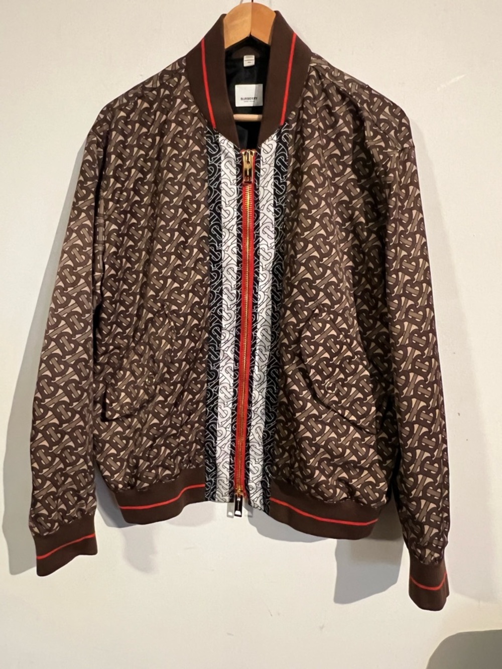 Burberry Brown Monogram Zip-Up bomber Jacket with Red Trim